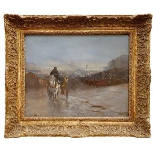 Oil On Panel, The Charette In Town By Léon Georges Calves