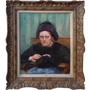 Oil On Cardboard, Woman Sewing By Gilbert De Guinguand