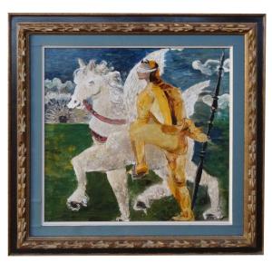 Oil On Cardboard, Mythological Scene With Horse, 20th