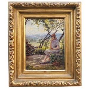 An Oil On Panel, Woman Under A Tree By Henry Charry