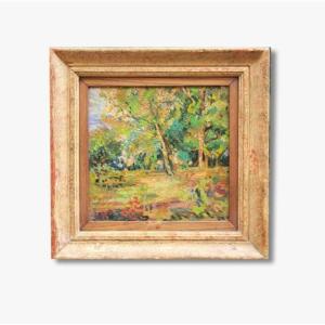 Oil On Cardboard, Landscape Under Wood, Early 20th