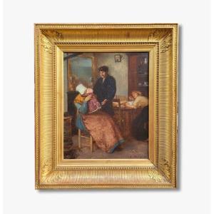 Oil On Canvas, Family Scene By Emile Hirsch