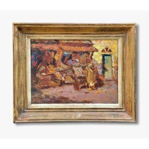 Oil On Wood, Oriental Market By Charles Dagnac-riviere