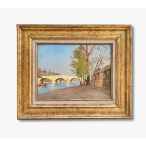 Oil On Cardboard, Paris Bridge By Louis-m. Cazet