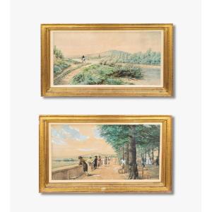 Pair Of Watercolors, Park And Landscape Apr Emile Flick