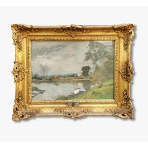 A Gouache, Fisherman By The River Apr Alexandre Cabie