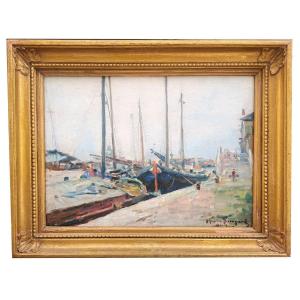 Huile Sur Panneau Bateaux à Venise Par Maurice Bompard