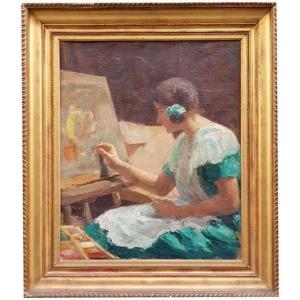 Oil On Canvas, The Pastelliste By Edmond Tapissier