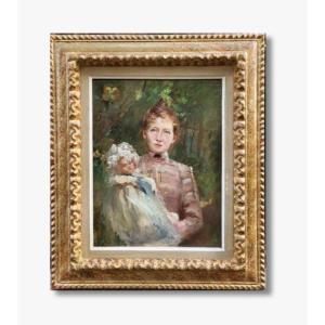 An Oil On Cardboard, Young Girl With A Doll By Jeanne Magdeleine Favier