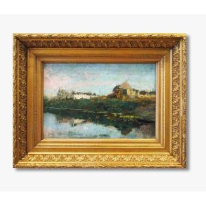 Oil On Cardboard, House By The River By Alfred Bastien 