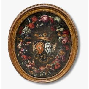 Oil On Canvas, Coat Of Arms With Wreath Of Flowers From The 17th Century