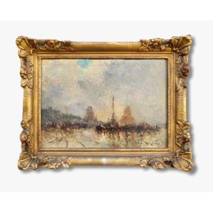 Oil On Cardboard, Seaside With Fishermen By Jean Etienne Karnec