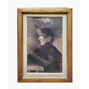 Charcoal, Elegante With A Hat By Norbert Goeneutte