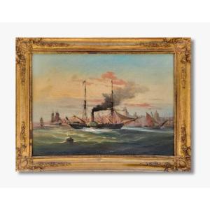 Oil On Canvas, Navy, Boats In Port, Early 19th 