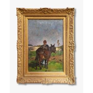 Oil On Canvas, Young Woman And Her Donkey By Emile Dameron 