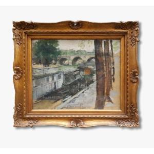 Oil On Canvas, Barge On The Quays In Paris, Early 20th 
