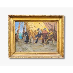 Oil On Panel, Sailor Fishermen By André Hardy