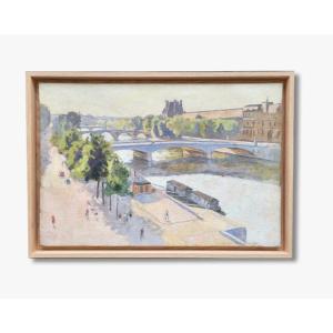 Oil On Canvas, The Louvre And The Seine By Jacques Brissaud