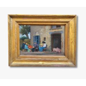 An Oil On Cato, Family Scene On The Farm By Gustave Poetzsch