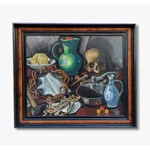 Oil On Panel, Still Life Vanity By Louis Giraud 