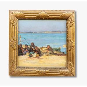 A Small Oil On Panel, Sewing Fishing Nets, 19th Century 