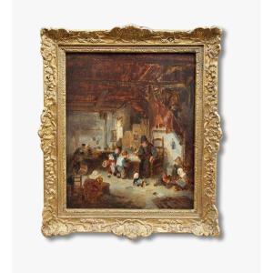 An Oil On Wood Painting, The Schoolmaster After Adriaen Van Ostade, 19th Century 