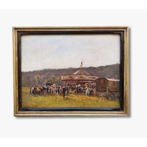 Oil On Panel, Fairground, Early 20th Century, Traces Of A Signature 