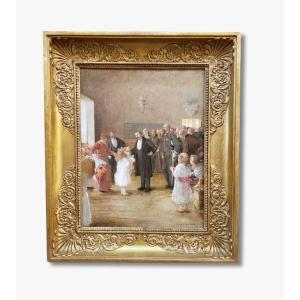 An Oil Painting On Panel, The Visit Of Minister Maurice Bertaux By Ernest Jean Delahaye