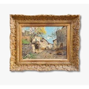 An Oil Painting On Cardboard, Village View By Edmond Petitjean