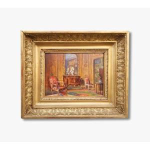 Oil On Cardboard, Interior By Emile Chaperon