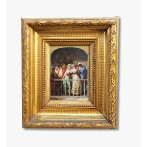 Oil On Panel, The Balcony By José Gonzalvez, 1885