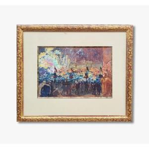 A Gouache , Fireworks In Marseille By Marius Antoine Barret