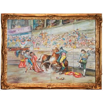 Oil On Enameled Tiles, Corrida Scene By Julian Santacruz In Madrid