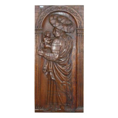 A Holy With Child In Walnut Carved,