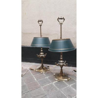 Une Paire De Lampes à Huile 19ème en bronze