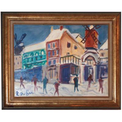 Oil On Canvas, Moulin Royge Under The Snow By Roland Dubuc