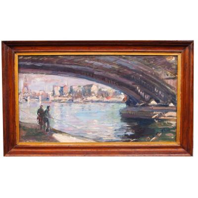 Oil On Isorel, Fishermen In Paris By Lucienne De Meiffren