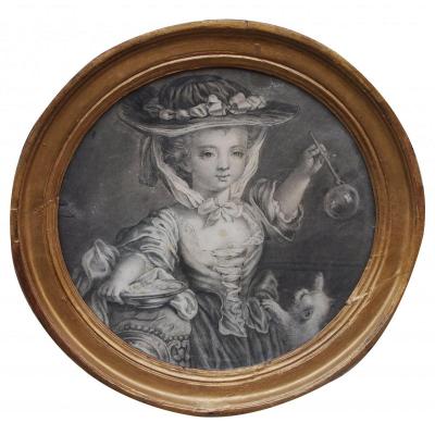 A Drawing Young Girl Playing With A Dog