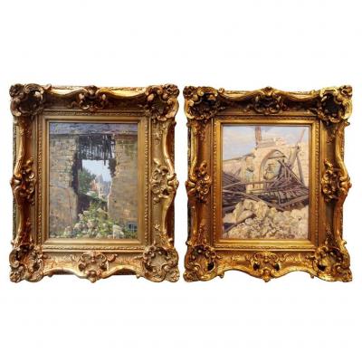 A Pair Of Oils On Cardboard, Village By Clovis Didier