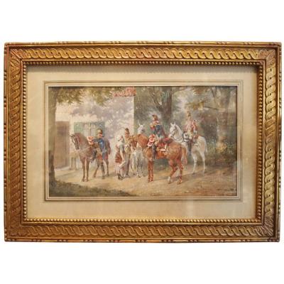 Aquarelle Militaires Devant Auberge Par Orlando Norio