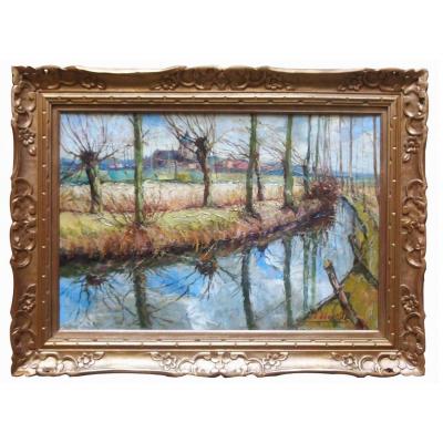 Oil On Canvas, Riverside By Léopold Lecomte