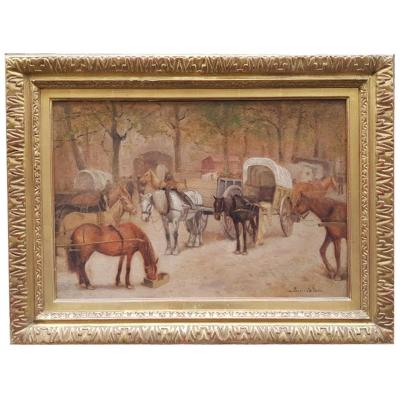 Oil On Wood, La Pause Des Cochers,