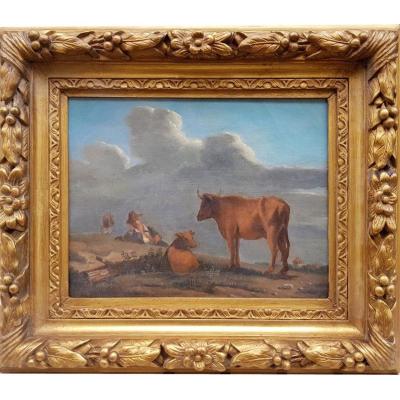  Oil On Canvas, Shepherds With His Cow, End 18 Th Begining 19th