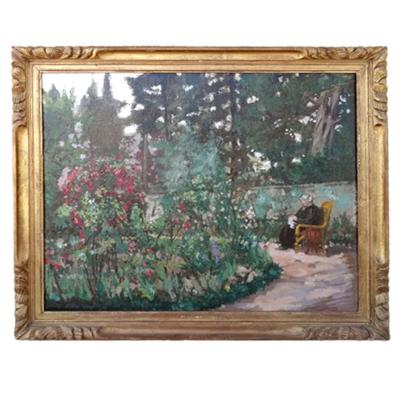 A View Of Garden Corner With Sitting Character Early Twentieth, Signed Rr Messina