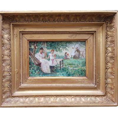 An Oil On Canvas Of Figures Sitting In A Nineteenth Garden