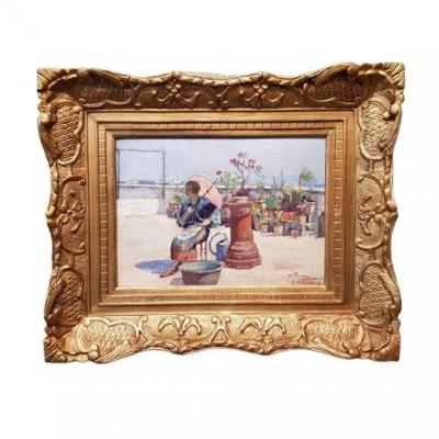 An Oil On Wood, Woman With A Parasol By Hugo De Palma