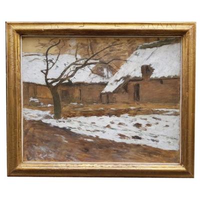 An Oil On Canvas, Of An Effect Of Snow In Villerville By Emile Barau.