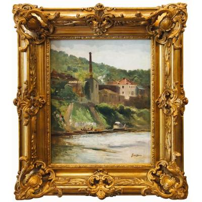 Oil On Canvas Landscape With Factory By François Adolphe Grison