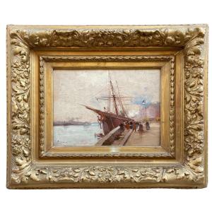Oil On Pannel Marine Animated With Boat By Galien-laloue 
