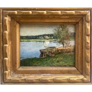A Small Oil On Panel, Riverside By Enrique Atalaya